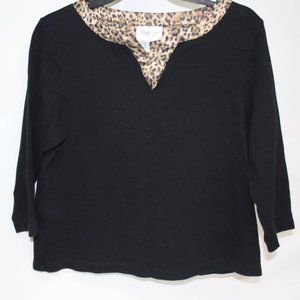Coldwater Creek Cotton Black Shirt with Animal Print Collar Trim V Neck Large